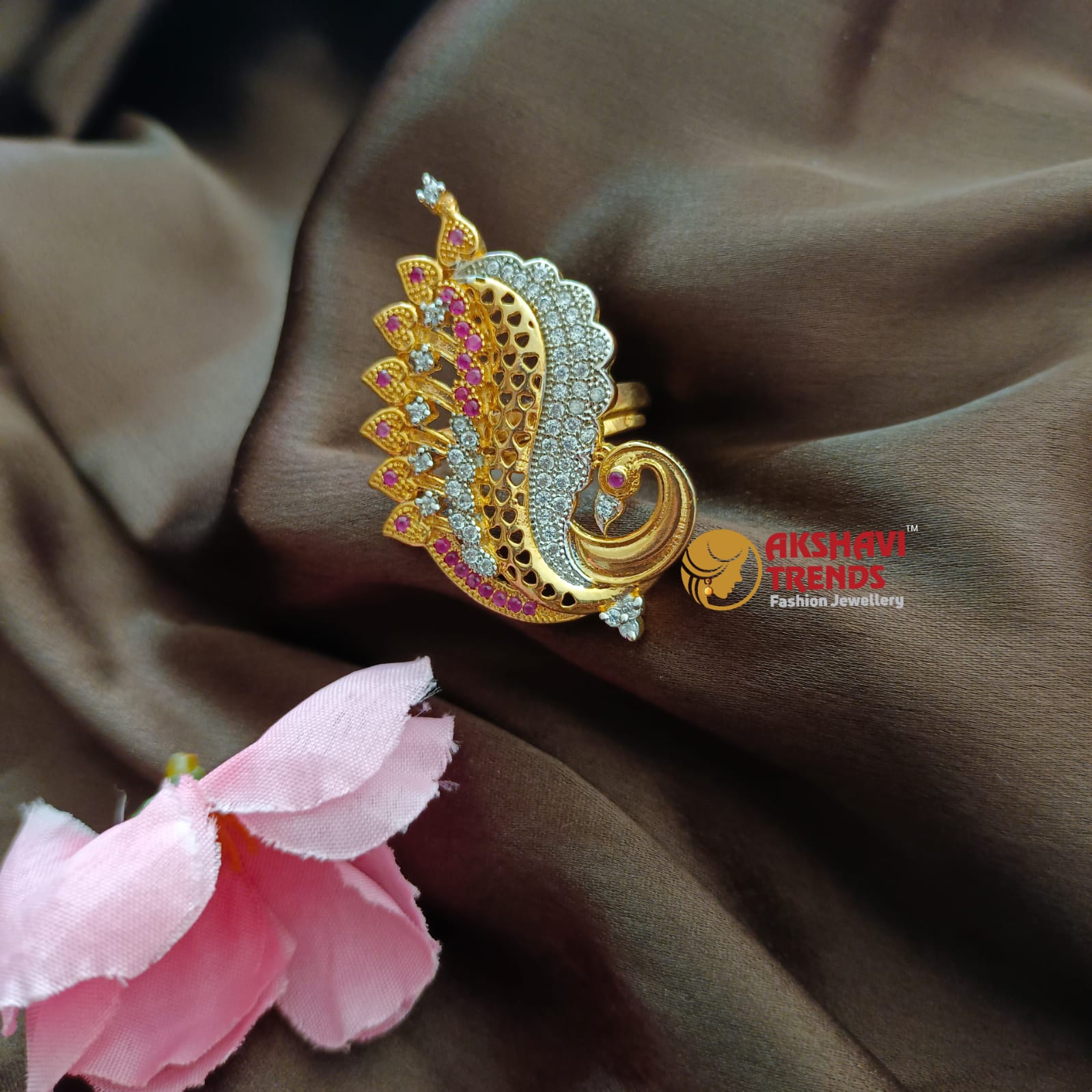 Multicolor Peacock Half-Flower Beaded Gold-Plated Ring – Priyaasi
