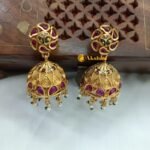 Antique Multi Stone Green Beads Jhumkas - Image 3