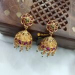 Antique Multi Stone Green Beads Jhumkas - Image 2