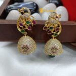 Green Peacock Jhumka with Zircon and Thilak - Image 3