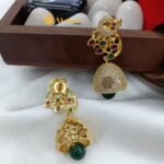 Green Peacock Jhumka with Zircon and Thilak - Image 2