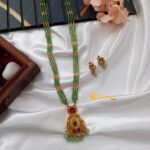 Floral Green Beads 3 Layer Long Neck Set