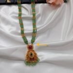 Floral Green Beads 3 Layer Long Neck Set - Image 3
