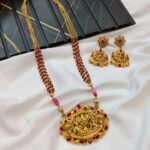 Perumal Pendant and Ruby Beads Mala Long Neck Set