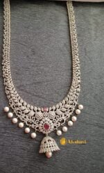 AD Floral Thilak Ruby With Pearl Drop Long Haram - Image 4