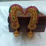 Antique Peacock Pink Green Crystal Cuff Jhumka - Image 2