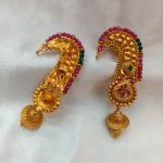 Antique Peacock Pink Green Crystal Cuff Jhumka - Image 3