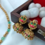 Gajalakshmi Short Neck Set with Green Beads Mala - Image 2