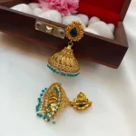 Gold Kerala Jhumkas-Green Pearls - Image 2