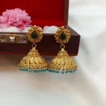 Gold Kerala Jhumkas-Green Pearls