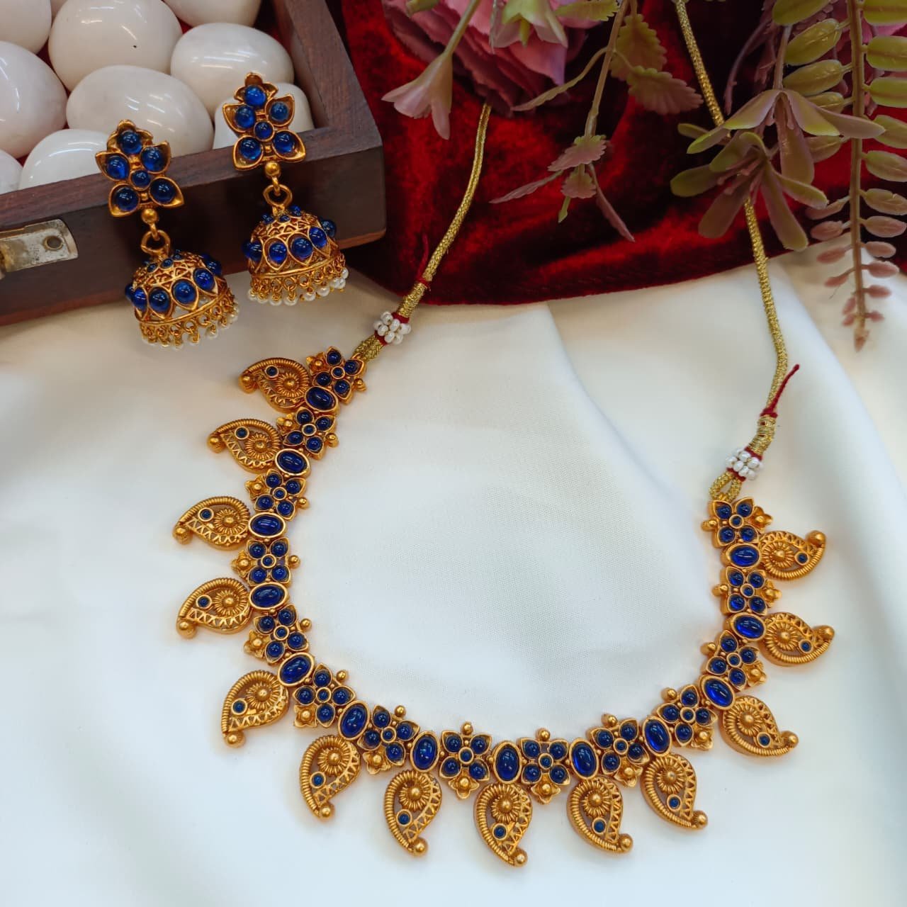 100840.1.1-Akshavi-trends-Neck-Set-3.jpeg Matte Finish Mango Blue Stone Short Neck Set - Image 1