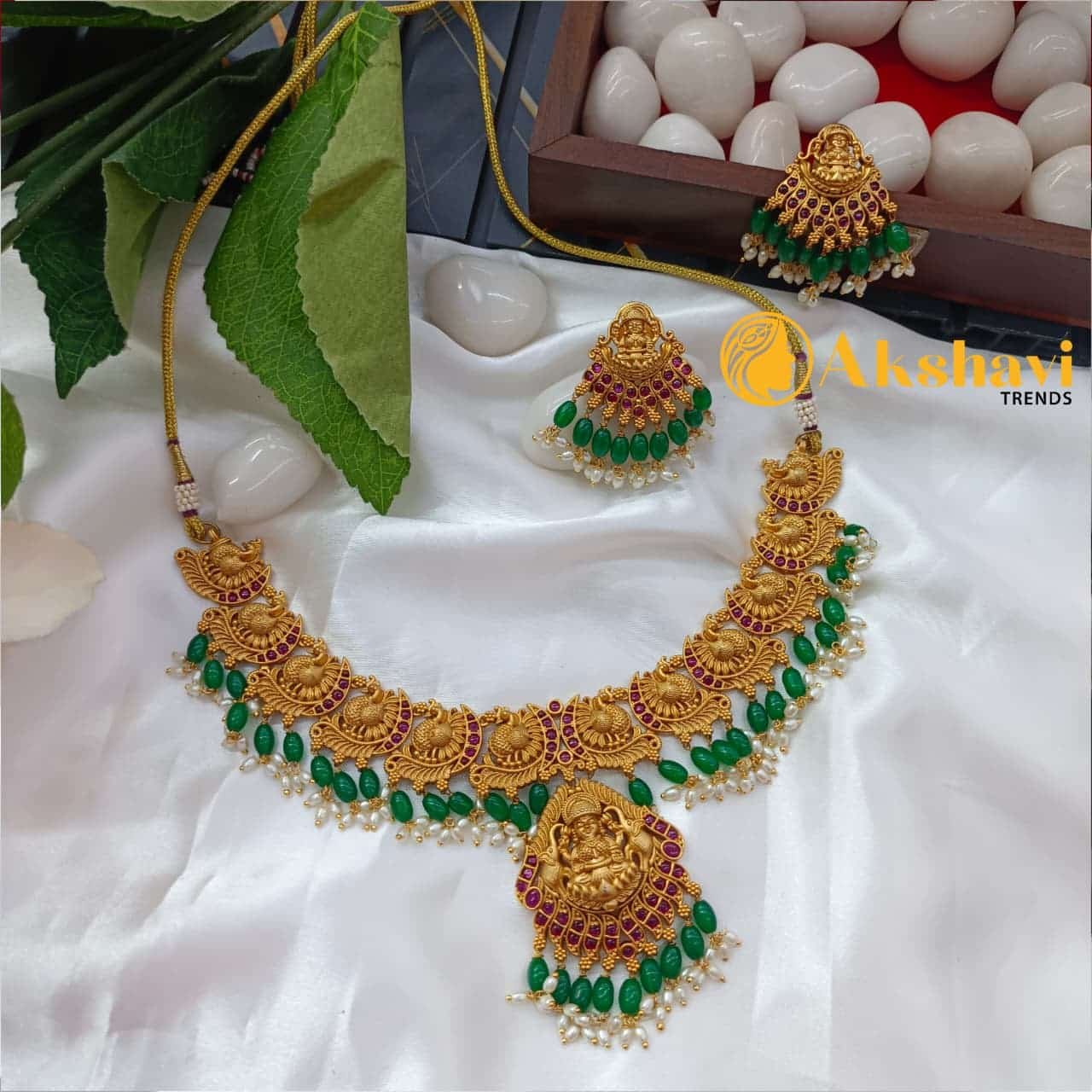 101045.1.1-2.jpeg Lakshmi Annam Kemp Green Beads Short Neck Set - Image 1