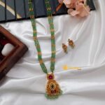 Floral Green Beads 3 Layer Long Neck Set