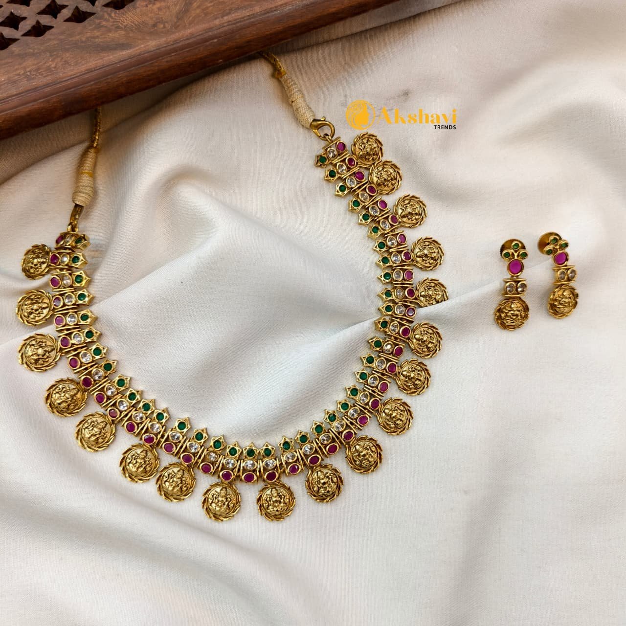 102127.1.1-1.jpeg Antique Lakshmi Coin Multi Stone Short Neck Set - Image 1