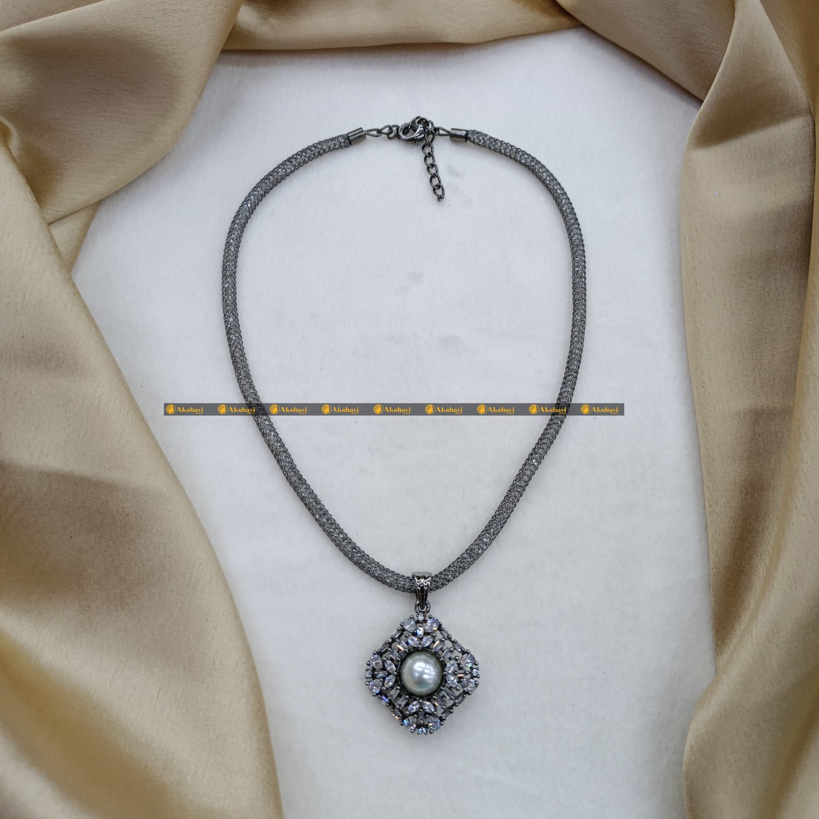 102314.1.1-2-scaled-1.jpeg Pearl Pendant with AD Stones In Black Metal Mesh C - Image 1