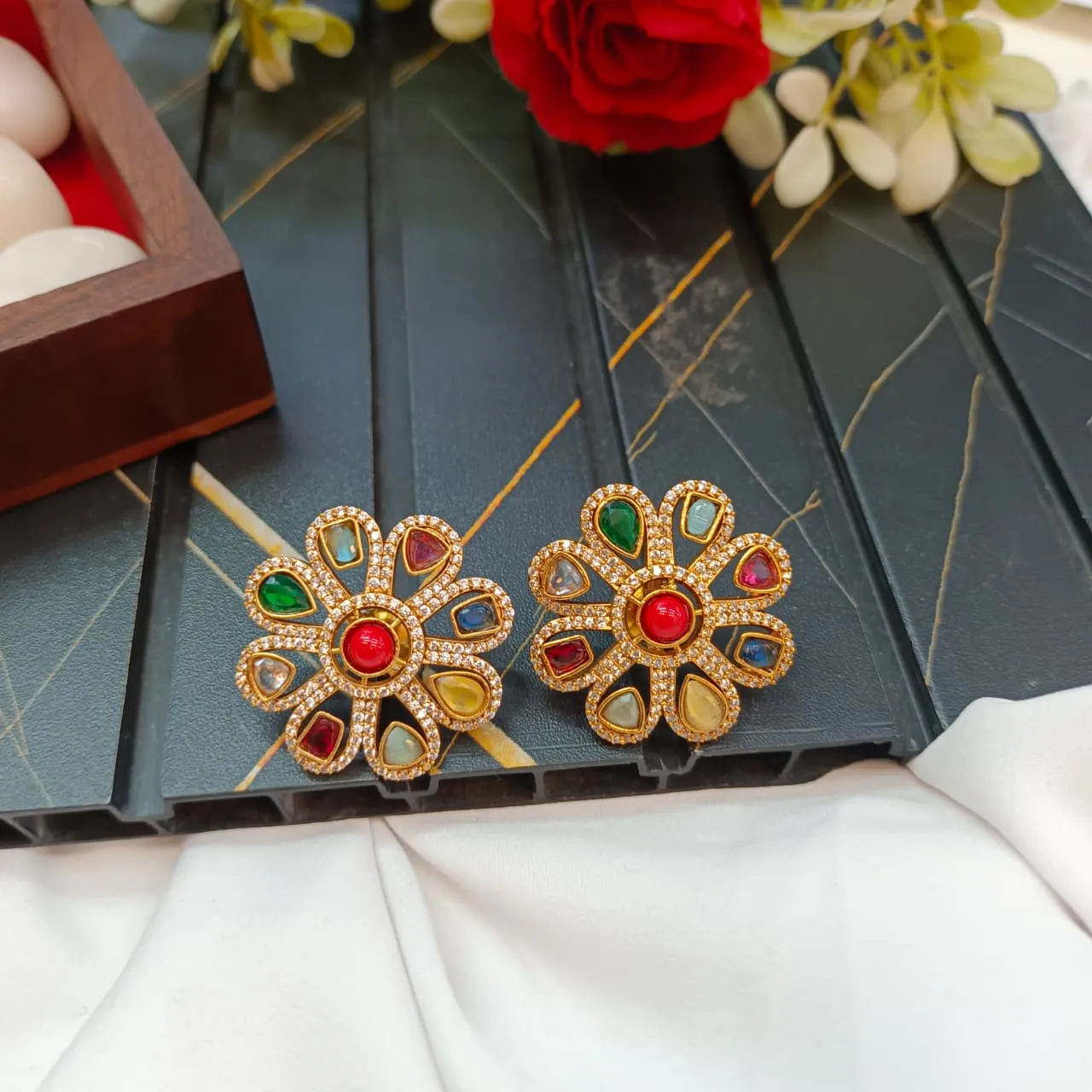 103040.1.1-2.webp Navaratna Floral Earrings - Image 1