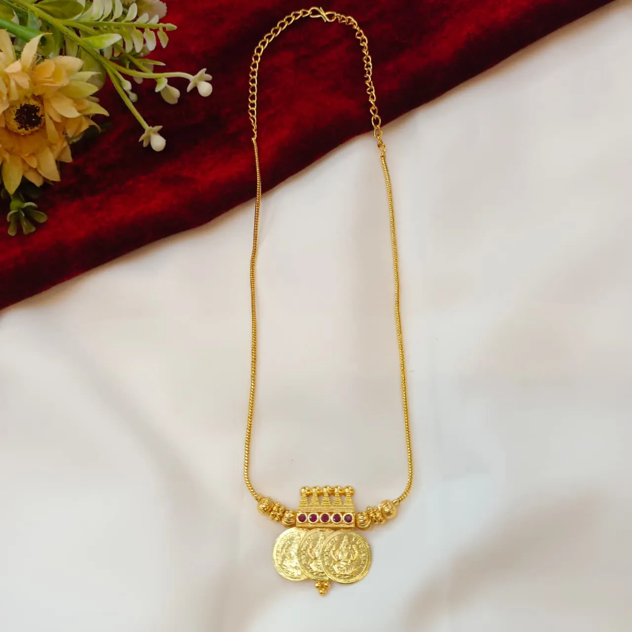 104363.1.1-Akshavi-Trends-Necklace-1.webp Lakshmi 3 Coin Short Necklace 20" - Image 1