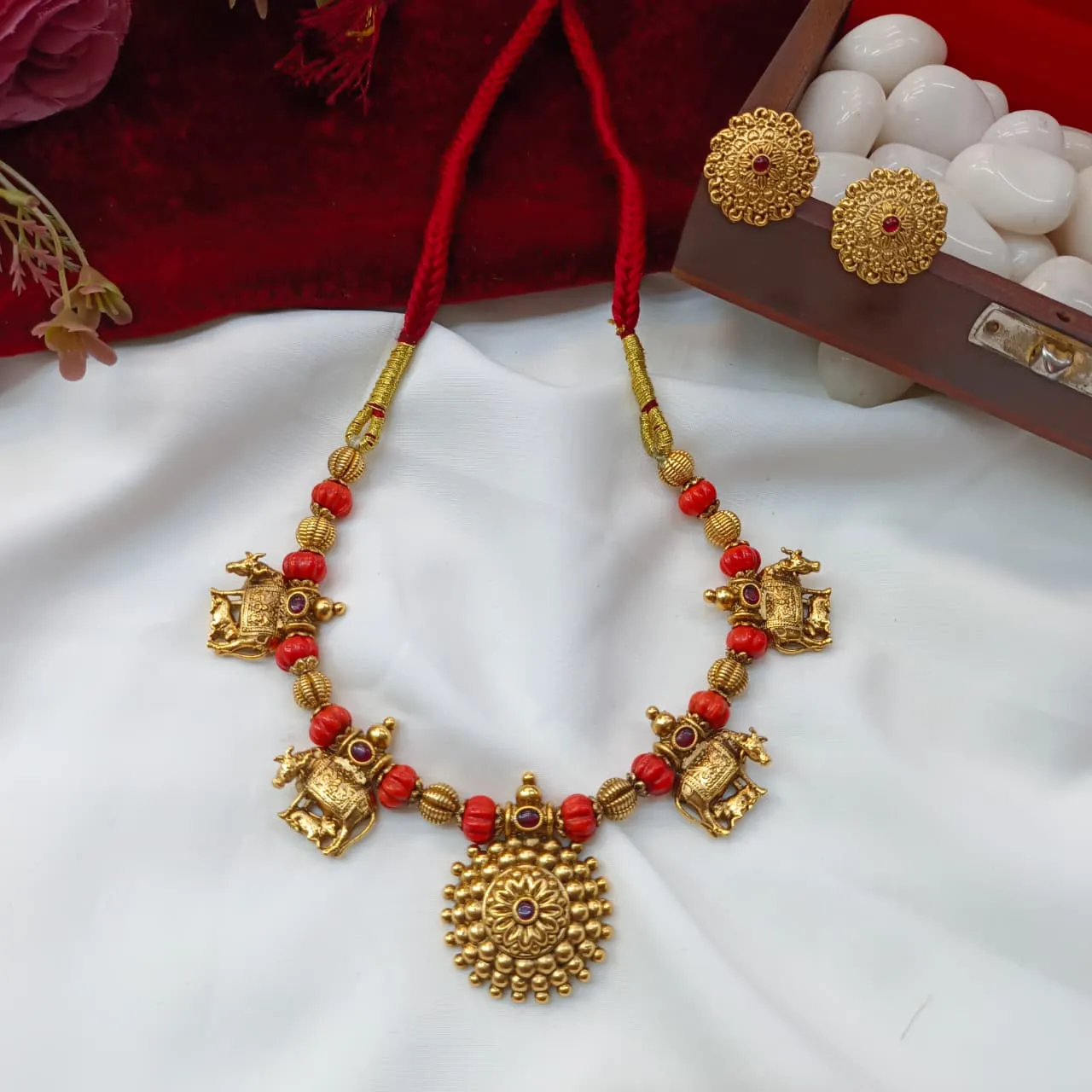 104409.1.1 Akshavi Trends Short Neck Set (2) Kamadhenu with Coral Mala Short Neck Set - Image 1