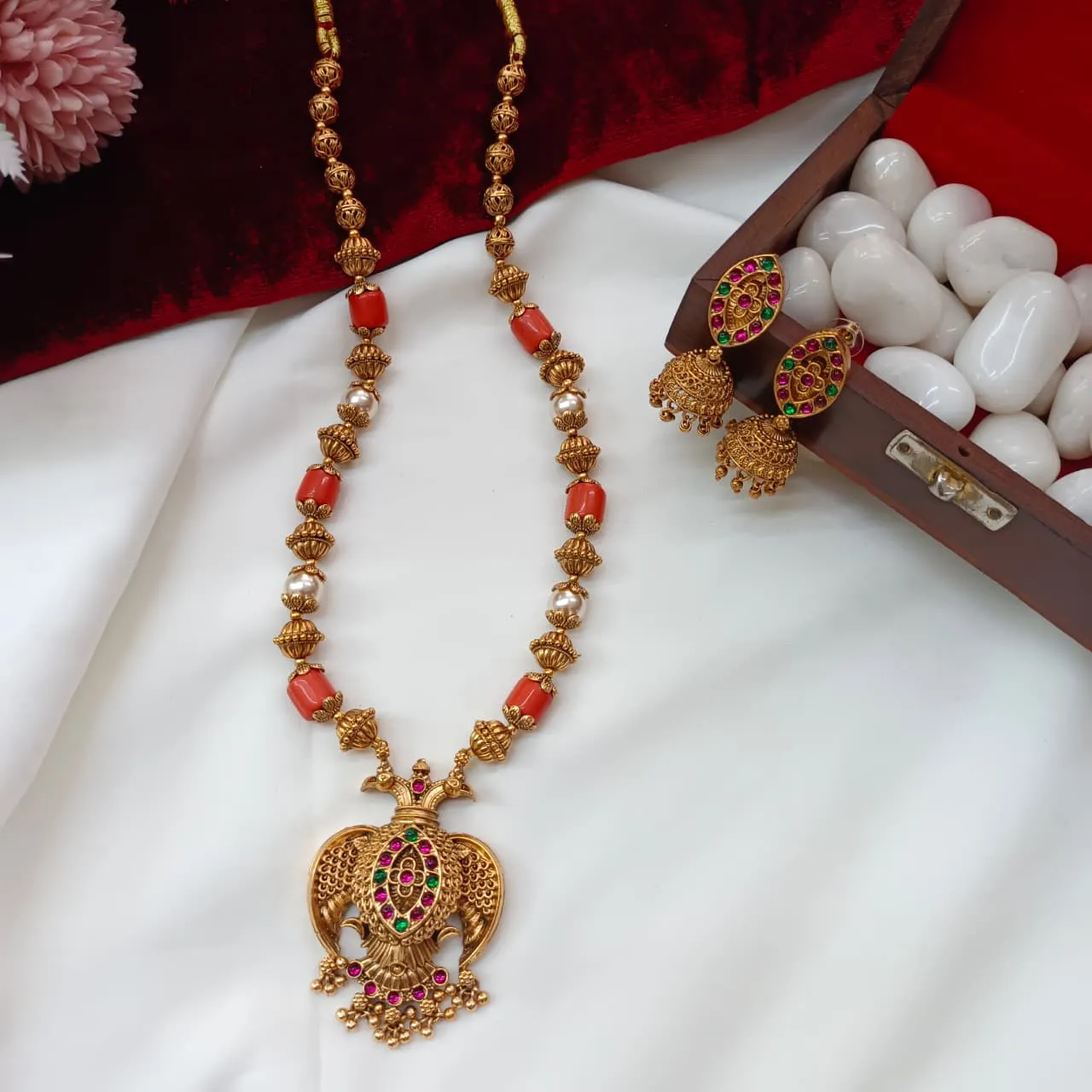 104479.1 (2) Gandaberunda Pendant With Coral and Amla Ball Mala - Image 1